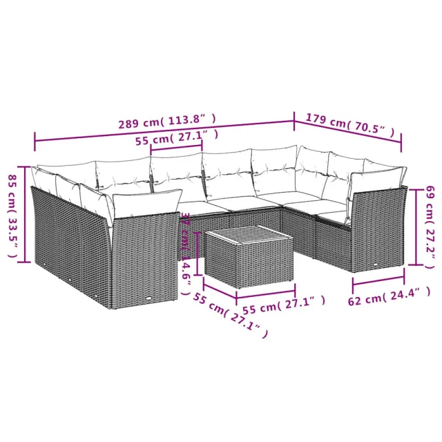 Salon de jardin 10 pcs avec coussins gris résine tressée