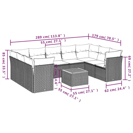 Salon de jardin 10 pcs avec coussins gris résine tressée