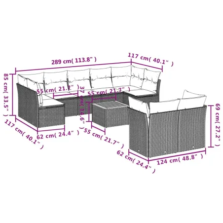Salon de jardin 10 pcs avec coussins noir résine tressée