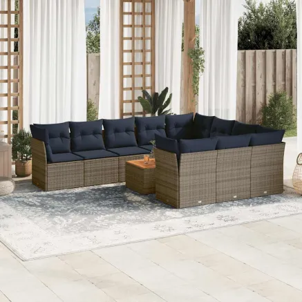 Salon de jardin 11 pcs avec coussins gris résine tressée