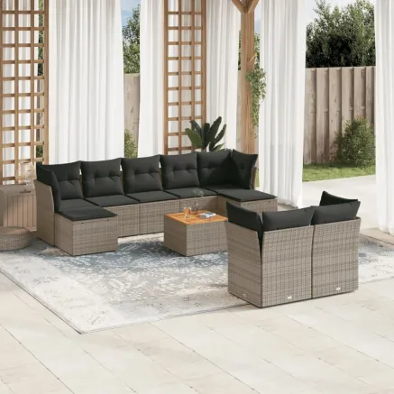 Salon de jardin avec coussins 10 pcs gris résine tressée