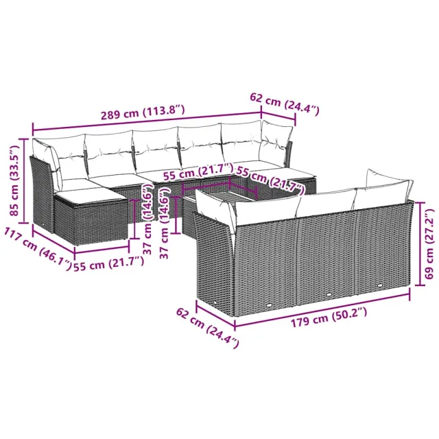 Salon de jardin 11 pcs avec coussins noir résine tressée