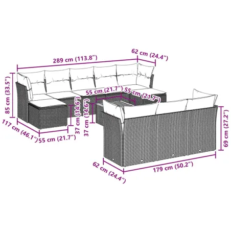 Salon de jardin 11 pcs avec coussins noir résine tressée