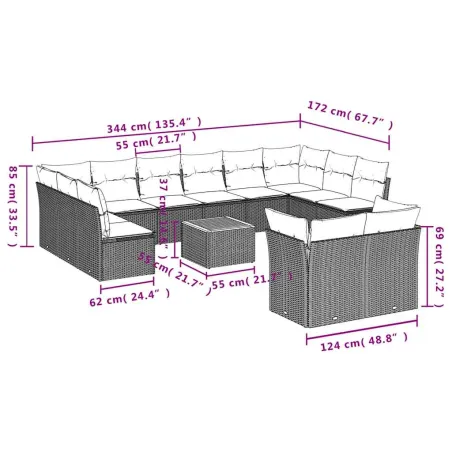 Salon de jardin avec coussins 13 pcs gris résine tressée