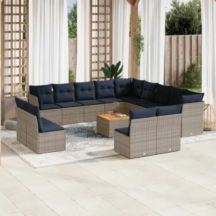Salon de jardin avec coussins 14 pcs gris résine tressée