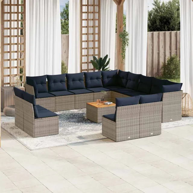 Salon de jardin avec coussins 14 pcs gris résine tressée