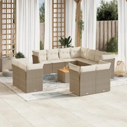 Salon de jardin avec coussins 12 pcs beige résine tressée