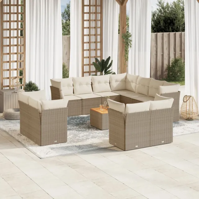 Salon de jardin avec coussins 12 pcs beige résine tressée