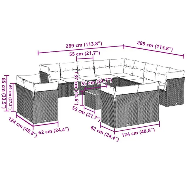 Salon de jardin avec coussins 14 pcs gris résine tressée