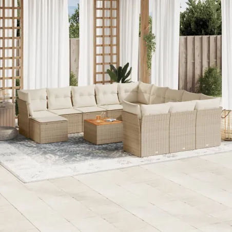 Salon de jardin avec coussins 13 pcs beige résine tressée