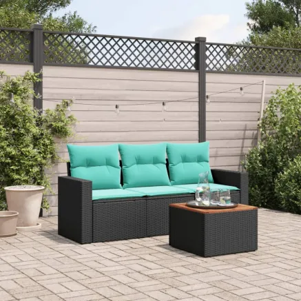 Salon de jardin 4 pcs avec coussins noir résine tressée