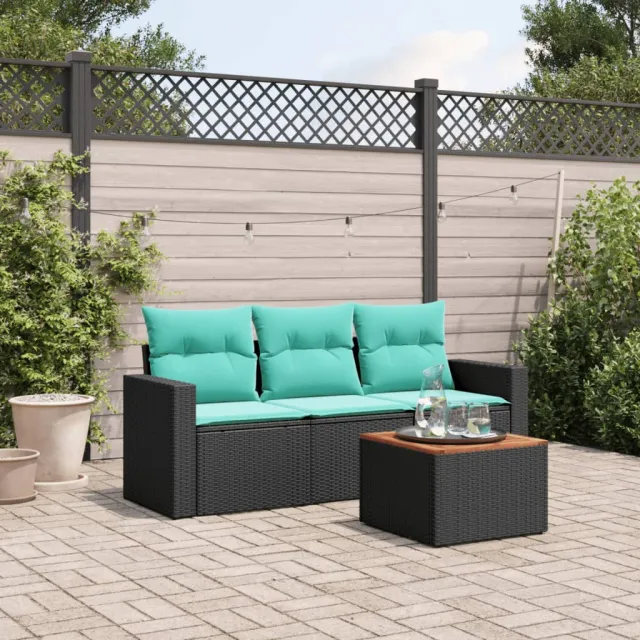 Salon de jardin 4 pcs avec coussins noir résine tressée