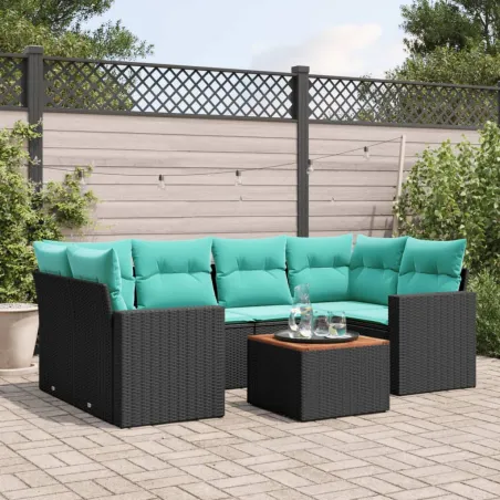 Salon de jardin 7 pcs avec coussins noir résine tressée