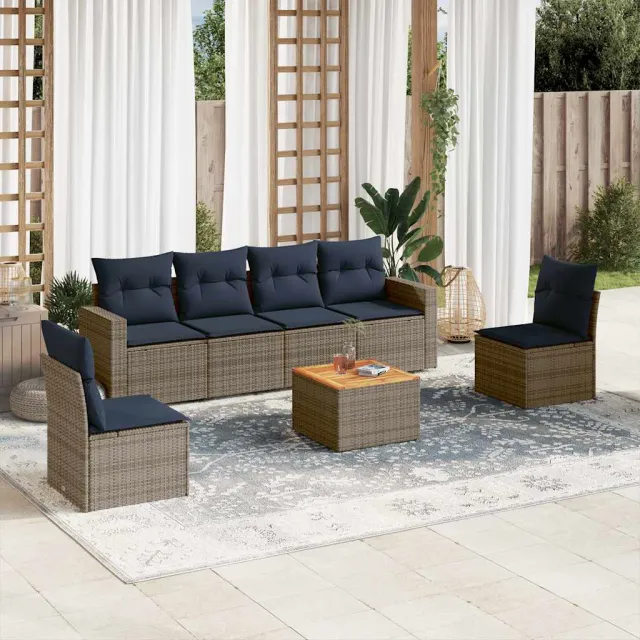 Salon de jardin 7 pcs avec coussins gris résine tressée