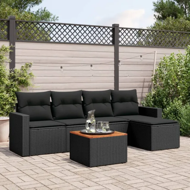 Salon de jardin 6 pcs avec coussins noir résine tressée