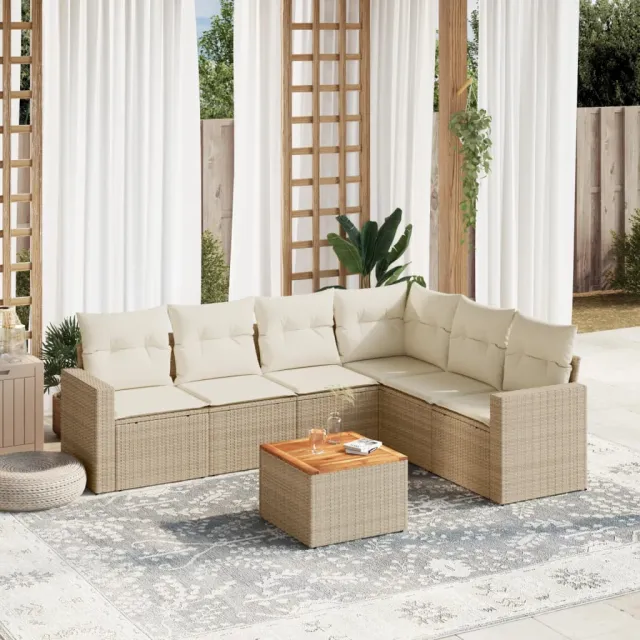 Salon de jardin avec coussins 7 pcs beige résine tressée