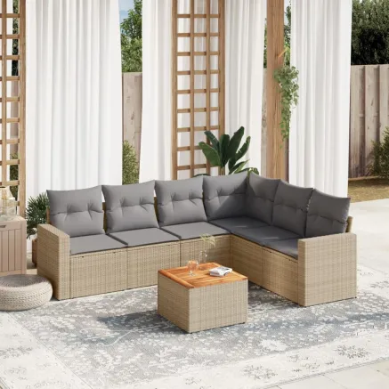 Salon de jardin avec coussins 7pcs mélange beige résine tressée