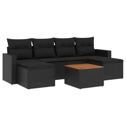 Salon de jardin 7 pcs avec coussins noir résine tressée 2