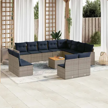 Salon de jardin avec coussins 13 pcs gris résine tressée