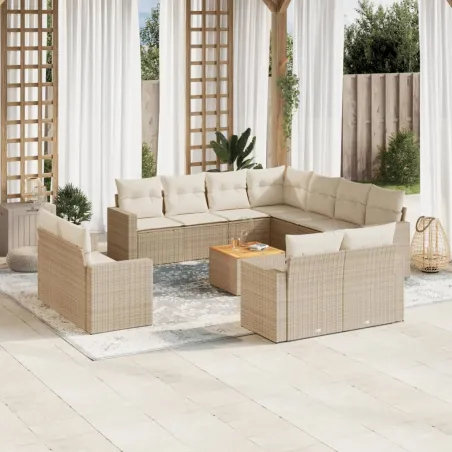 Salon de jardin avec coussins 12 pcs beige résine tressée