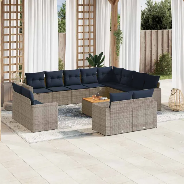 Salon de jardin avec coussins 13 pcs gris résine tressée