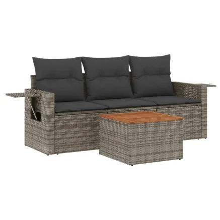 Salon de jardin 4 pcs avec coussins gris résine tressée 2