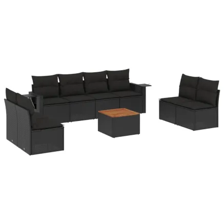 Salon de jardin 9 pcs avec coussins noir résine tressée 2
