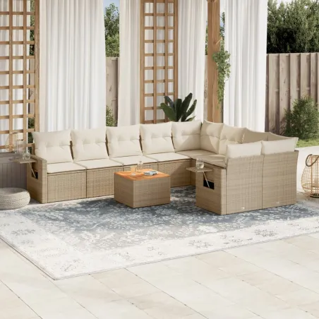 Salon de jardin avec coussins 10 pcs beige résine tressée