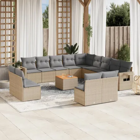 Salon de jardin et coussins 14 pcs mélange beige résine tressée