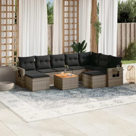 Salon de jardin avec coussins 10 pcs gris résine tressée