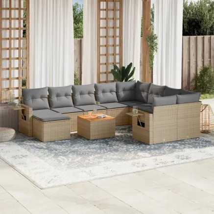 Salon de jardin et coussins 11 pcs mélange beige résine tressée