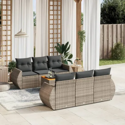 Salon de jardin avec coussins 7 pcs gris résine tressée
