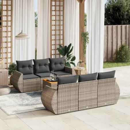 Salon de jardin avec coussins 7 pcs gris résine tressée