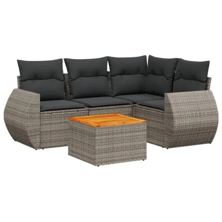 Salon de jardin 5 pcs avec coussins gris résine tressée 2