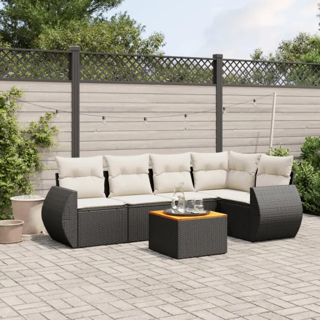 Salon de jardin 6 pcs avec coussins noir résine tressée