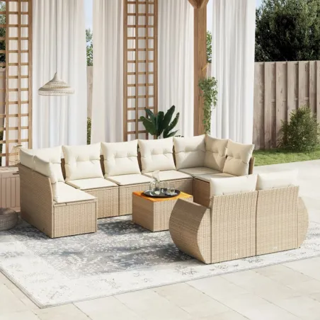 Salon de jardin avec coussins 10 pcs beige résine tressée