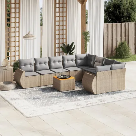 Salon de jardin avec coussins 10 pcs beige résine tressée
