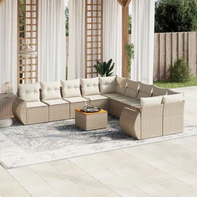 Salon de jardin 11 pcs avec coussins beige résine tressée