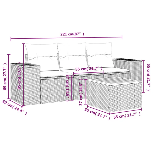 Salon de jardin 4 pcs avec coussins noir résine tressée
