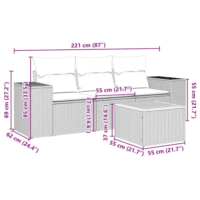 Salon de jardin 4 pcs avec coussins noir résine tressée