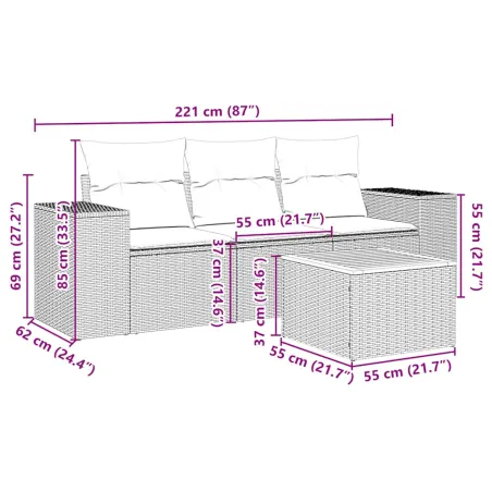 Salon de jardin 4 pcs avec coussins noir résine tressée