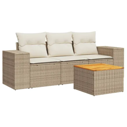 Salon de jardin avec coussins 4 pcs beige résine tressée 2