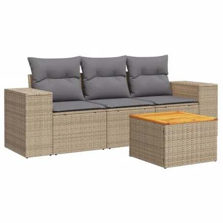 Salon de jardin avec coussins 4 pcs beige résine tressée 2