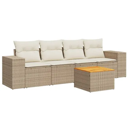 Salon de jardin avec coussins 5 pcs beige résine tressée 2