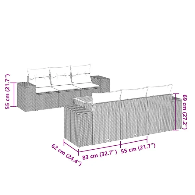 Salon de jardin 7 pcs avec coussins noir résine tressée