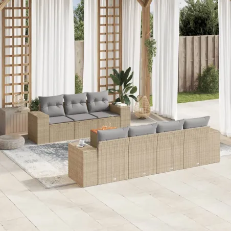 Salon de jardin avec coussins 8 pcs beige résine tressée