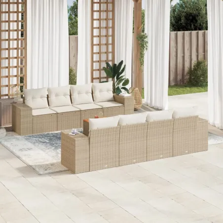 Salon de jardin avec coussins 9 pcs beige résine tressée