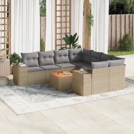 Salon de jardin avec coussins 9 pcs beige résine tressée