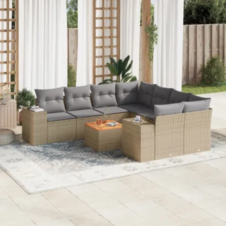 Salon de jardin avec coussins 9 pcs beige résine tressée
