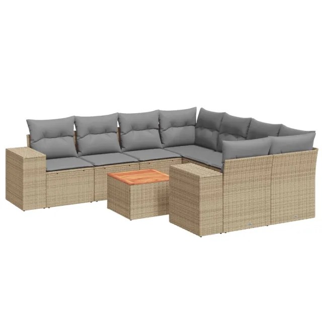 Salon de jardin avec coussins 9 pcs beige résine tressée